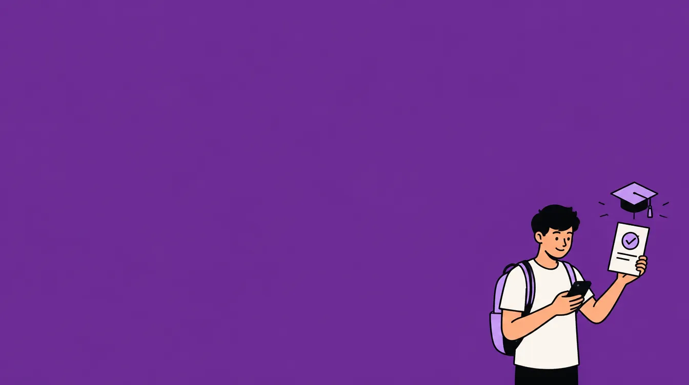 Illustrated student checking a university acceptance letter and a graduation cap on their phone